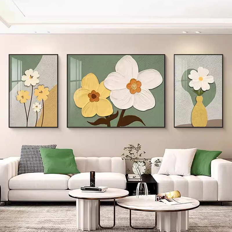 现代简约钻石画2025新款三联画客厅植物花卉高档奶油风点钻十字绣