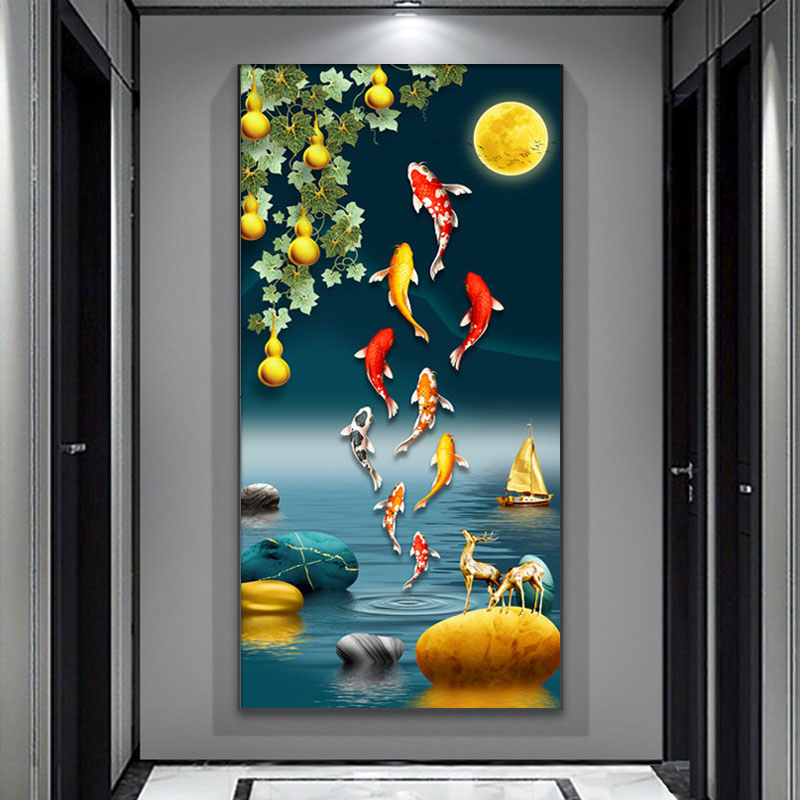 钻石画2023新款九鱼图中式玄关竖版贴钻十字绣钻石绣满钻走廊全贴