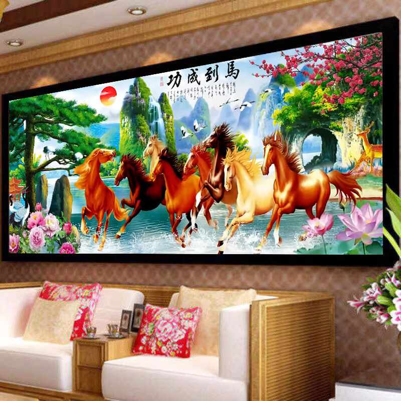 2026新款中式八骏雄风十字绣满钻客厅钻石画手工diy荷花成功寓意