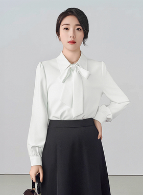 蝴蝶结衬衫女春秋长袖白色蓝色雪纺职业正装上衣通勤教资面试衬衣