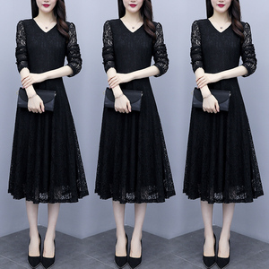 RY1462#秋装大码女装新款裙子连衣裙蕾丝中长款a字裙女