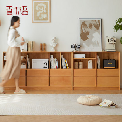 隔断柜实木书柜矮柜榉木靠墙落地柜北欧原木书房客厅收纳柜子双抽