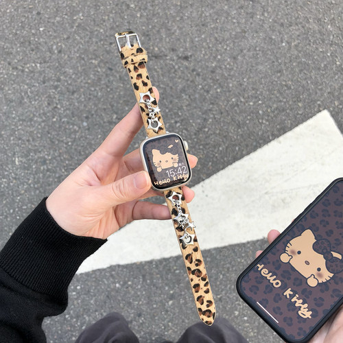 康康的秋冬甜酷豹纹星星吊坠皮质适用iwatch11/10se9苹果手表表带