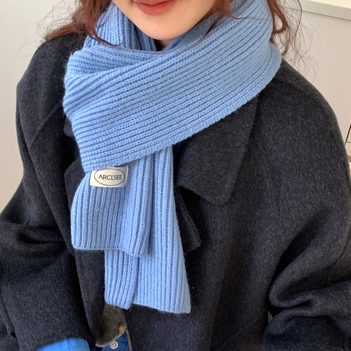 新款韩版纯色毛线围巾女秋冬季保暖百搭蓝色学生针织围脖潮高级感