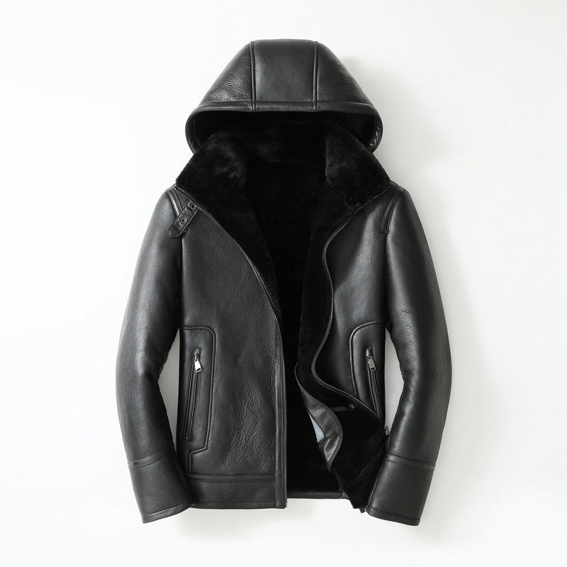 连帽加厚b3空军飞行服皮毛一体男士短款猎装皮草冬外套真皮皮衣男