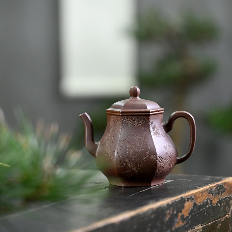 宜兴工艺师陶建全手工紫砂壶栗金砂六方松下抱琴260cc