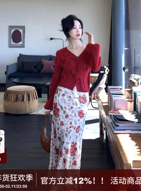 【玲珑】SYT自制 法式经典复古风红色花朵印花长款修身显瘦半身裙