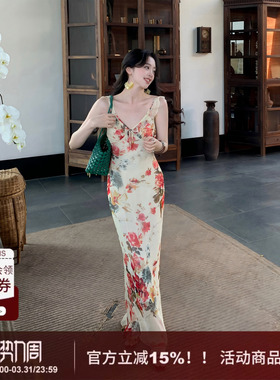 【为欢几何】SYT自制 优雅风100人丝荷叶边花朵连衣裙度假鱼尾裙