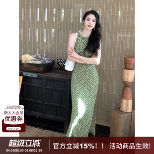 新款 SYT原创 法式 挂脖开衩绿色吊带裙女2026春季 长裙 挂脖收腰修身