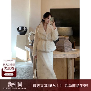 SYT自制 宽松型外套皮毛一体大衣女 纯色通勤风大翻领环保皮草短款