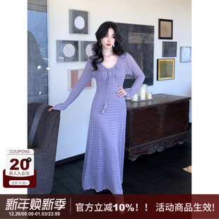 檀烟 显瘦连衣裙两件套装 SYT自制 修身 裙 V领立体花朵针织长袖