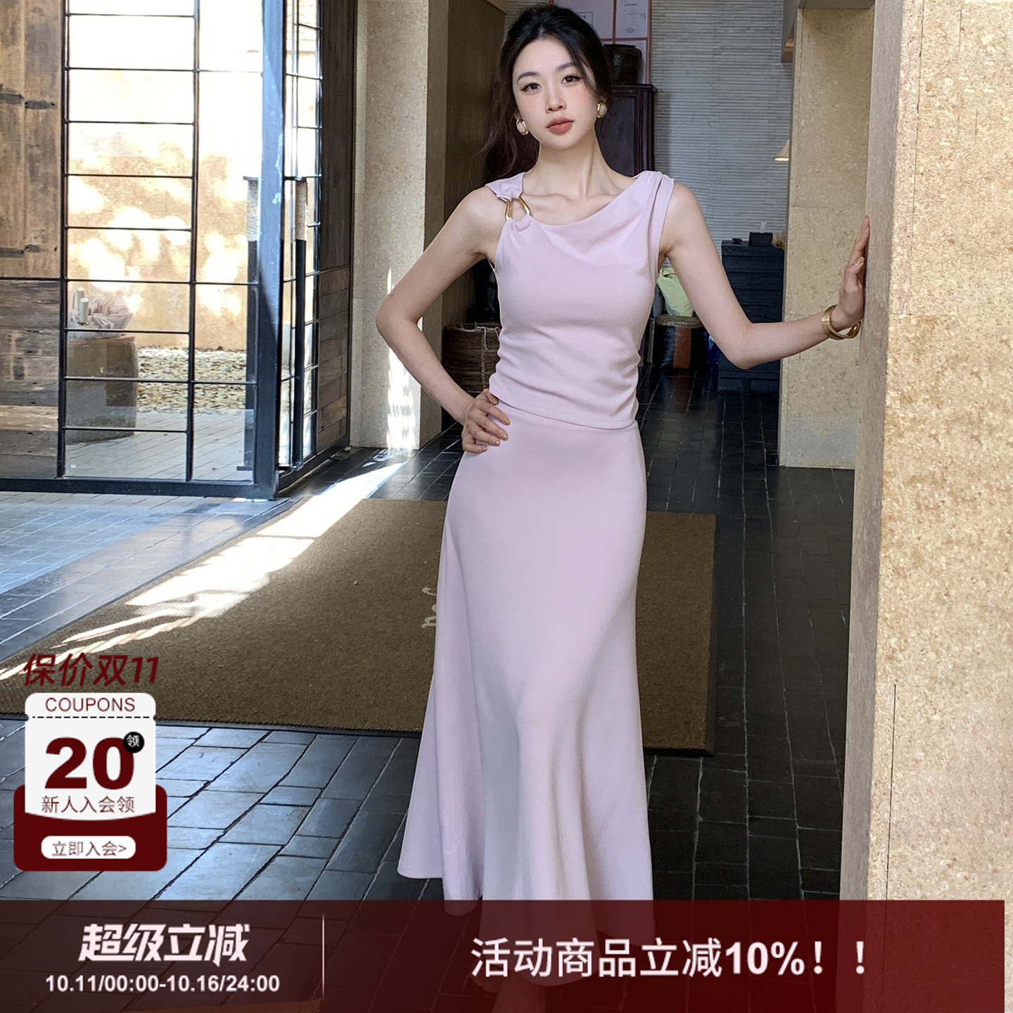 设计师款金属扣背心套装连衣裙