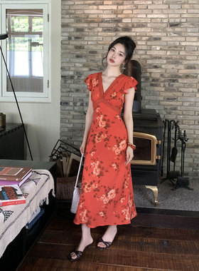SYT自制 精致蕾丝拼接大花v领连衣裙女2026春季新款收腰印花长裙