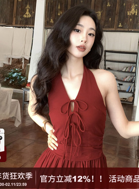 SYT自制 港风红色绑带挂脖度假连衣裙2025夏季新款收腰大摆长裙