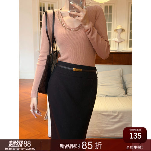 SYT自制U型领镶钻钉珠针织衫