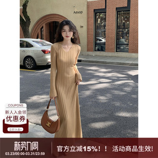 SYT自制 绑带收腰简约打底裙子 跑量v领坑条针织连衣裙女秋冬新款