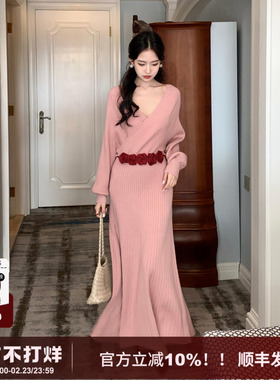 【听松】SYT自制 慵懒宽松感螺纹针织长款套头长袖A字型连衣裙女