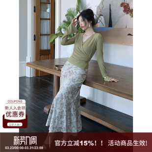 小众民族风花纹高腰鱼尾半身裙女新款 SYT自制 A字印花裙 烬尾