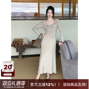 新款 羊毛针织连衣裙女冬季 小翻领收腰长裙 荷叶边收腰修身 SYT自制
