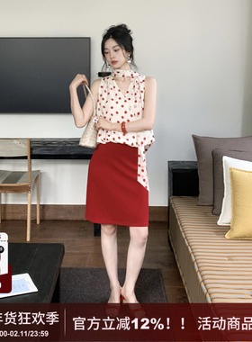 SYT自制 法式红色空气层高腰短裙半身裙女2025秋季新款修身包臀裙