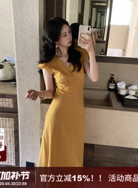 SYT原创 小飞袖天丝亚麻显瘦连衣裙女2026春季新款绑带V领长裙子