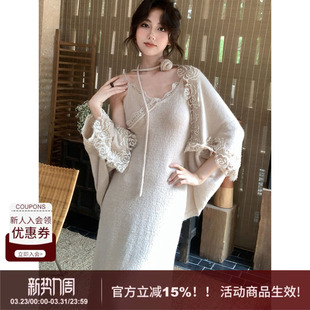 SYT自制 马海毛花朵拼接披肩吊带连衣裙两件套