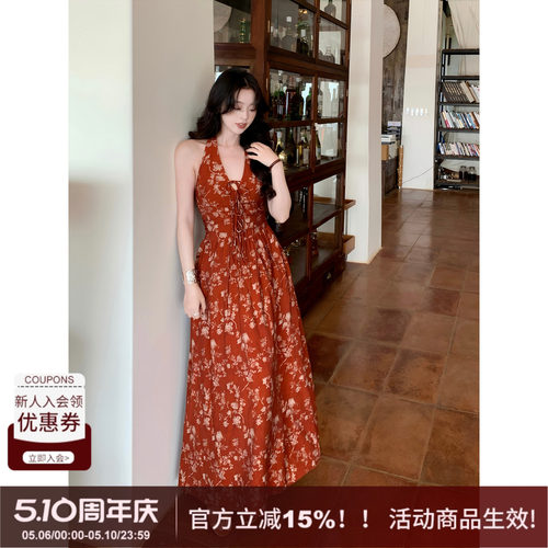 SYT自制挂脖抹胸绑带花朵连衣裙