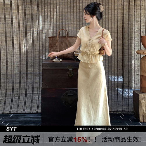 100亚麻透气品质绑带套装连衣裙