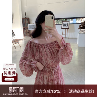 荷叶领一字领波西米亚花纹A字度假连衣裙女 SYT自制 生如夏花