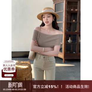 纯色复古风100天丝一字肩针织套头休闲T恤上衣女 SYT自制 平野