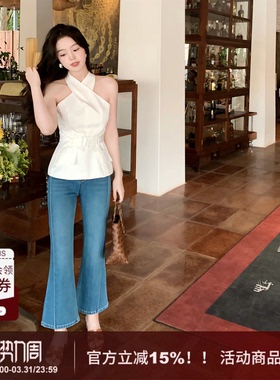 【闲适】SYT自制 时尚简约休闲风修身显瘦笔挺九分喇叭裤牛仔裤女