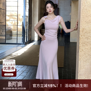 新款 SYT原创 连衣裙女夏季 金属扣背心套装 斜肩领上衣半裙 设计师款