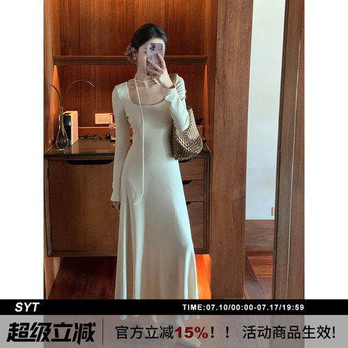 垂感好简约绑带收腰方领连衣裙