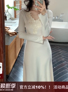 SYT自制 法式气质通勤风蕾丝花朵V领修身显瘦针织A字长袖连衣裙女