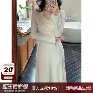 显瘦针织A字长袖 气质通勤风蕾丝花朵V领修身 连衣裙女 法式 SYT自制