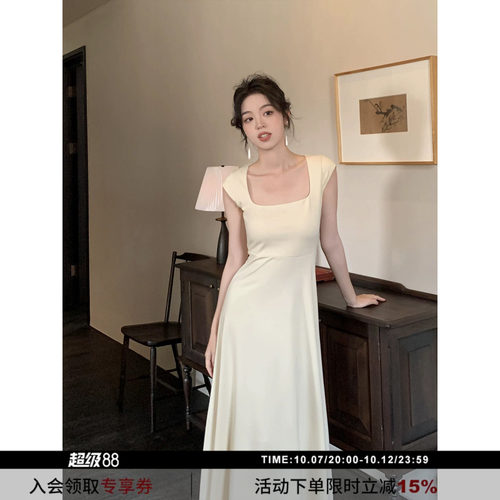 SYT自制法式简约方领绑带连衣裙
