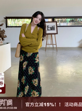 【翩然】SYT自制 民族风大花朵黑色波点度假宽松型显瘦A字半身裙