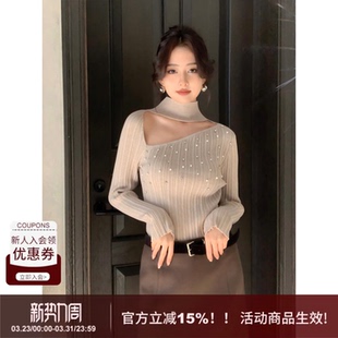 纯色优雅风斜肩不规则钉珠高领套头毛衣针织衫 SYT自制 女 云舒