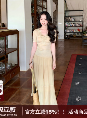 【岚烟】SYT自制 纯色休闲风重工压褶设计感高腰大摆半身裙女