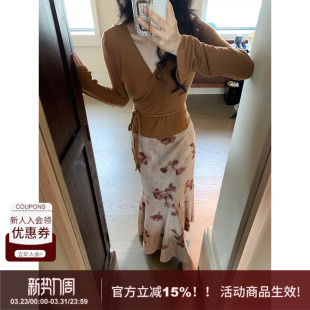 新款 SYT自制时髦显瘦高腰花朵半身裙女秋季 A字印花鱼尾裙 夕照