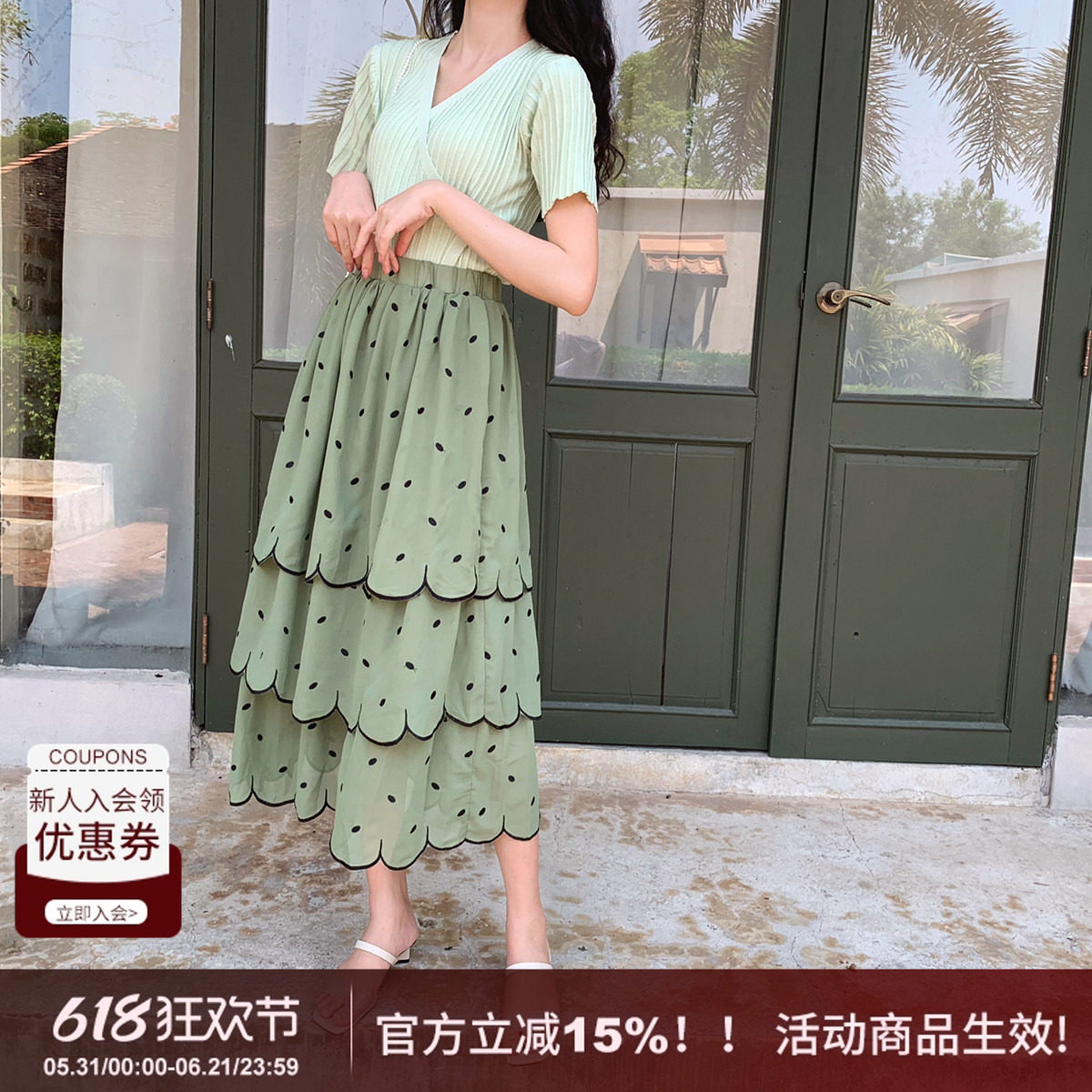 SYT美伦美奂 波点蛋糕孔雀花边半身裙高腰复古垂感好中长裙度假裙