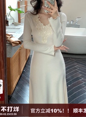 SYT自制 法式气质通勤风蕾丝花朵V领修身显瘦针织A字长袖连衣裙女