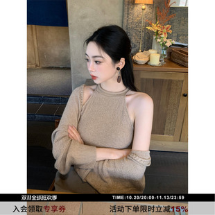 SYT自制 纯色休闲百搭高级感两件织衫麻花绑带灯笼袖针织套装女