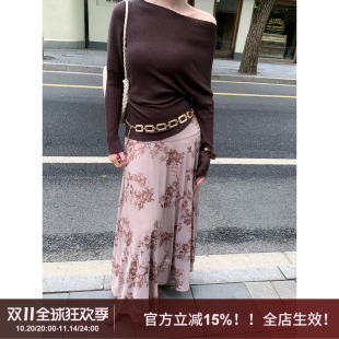 斜肩设计修身 法式 SYT自制款 显瘦收腰上衣坑条纯色针织衫 慕衫