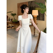 连衣裙女夏季 SYT法式 方领褶皱收腰短袖 高品质垂感气质大摆裙桑桑