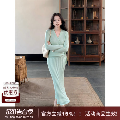【初代】SYT自制 纯色温柔风绑带上衣针织套装V领修身型连衣裙女