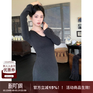 新款 U型领珠子连衣裙女冬季 褶皱套头A字裙 显腰细弹力修身 SYT自制