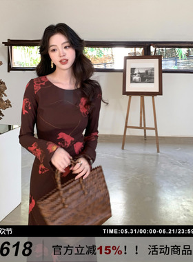 SYT自制  优雅复古风显瘦气质Realisation同款大花朵长袖连衣裙女