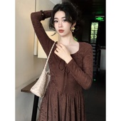 SYT自制 复古通勤风暗纹U型领绑带收腰A字长袖 套头连衣裙大摆裙女