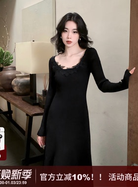 SYT自制 高端气质蕾丝花朵拼接长袖A字修身显身材套头针织连衣裙